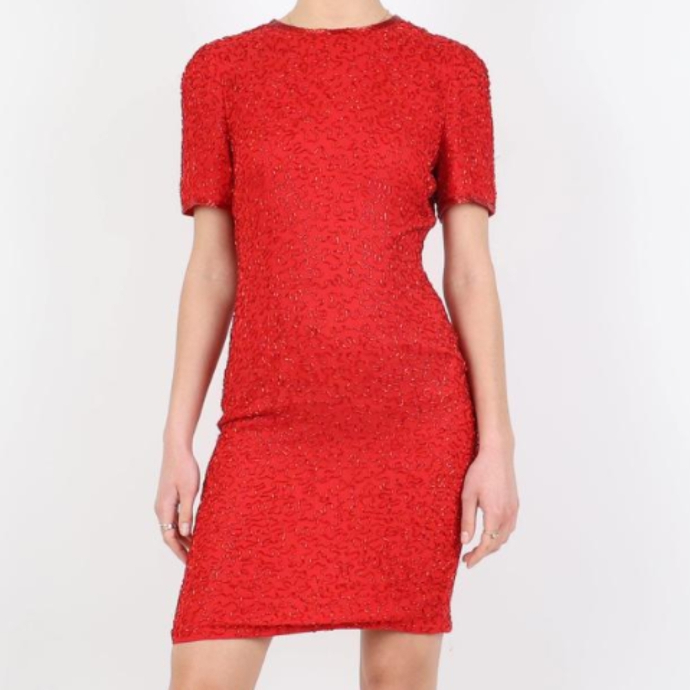 Vintage AJ Bari Silk Red‎ Beaded Dress Size 8